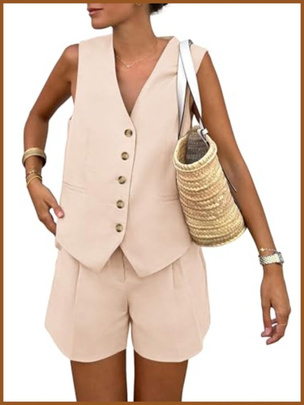 Women's 2 Piece Outfit Set V Neck Button Tank Top High Waisted Shorts